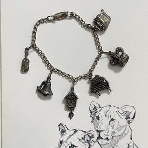 Vintage Charm Bracelet Pewter Colored Violin Piano Cuckoo Clock Crown Typewriter